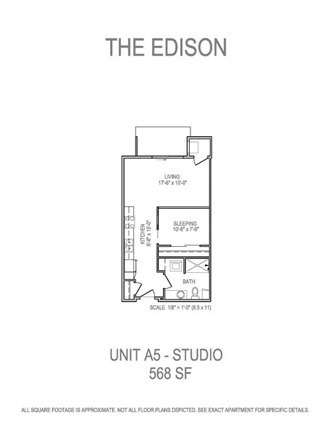Floor plan for studio, 1 bath, 569 sqft